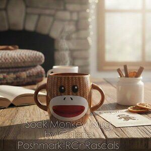 Galerie Sock Monkey Coffee Mug with Handles NEW out of box   See FLAW photo plz